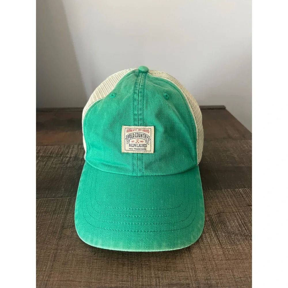 Polo Country Ralph Lauren Trucker Hat Green Mesh Leather Strap Mens Cap